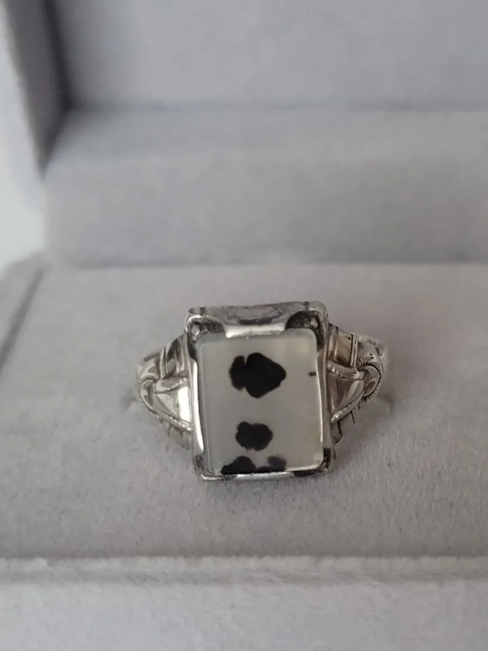 Art Deco Moss Agate Sterling Ring Ostby Barton Signet